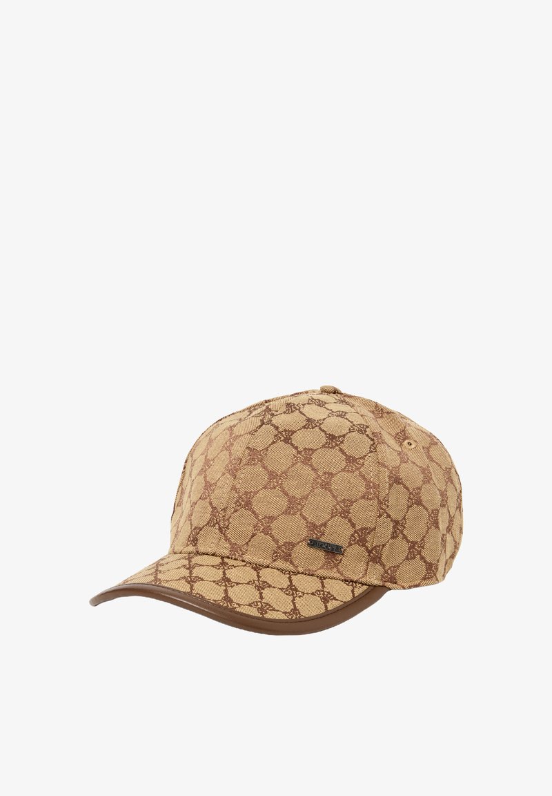 Brown patterned cap with a textured fabric, featuring a curved brim and a shiny brown accent on the visor. Brown logo tag visible.