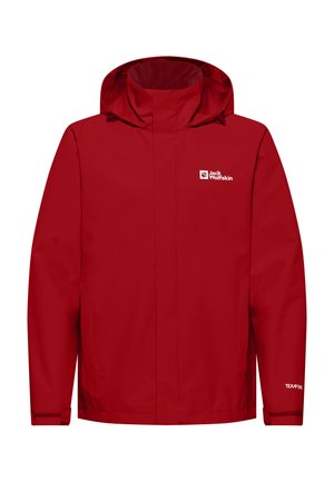 Rode waterdichte jas met hoge kraag en verstelbare capuchon. Voorzien van mouwen met klittenbandsluitingen, logo op de borst en ademend materiaal.