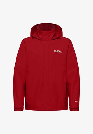 Giacca impermeabile rossa con colletto alto e cappuccio regolabile. Presenta polsini con Velcro, logo sul petto e tessuto traspirante.