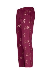 Bordeauxfarbene Leggings mit einer figurschmeichelnden Passform, die durch einen goldenen Pferdeprint im ganzen Design gekennzeichnet sind. Weicher, elastischer Stoff mit glatter Textur und elastischem Bund.