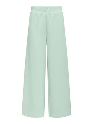 Pantalon large vert menthe clair avec un tissu doux et extensible, et une taille élastique, présentant une texture lisse sans motifs visibles.