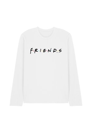 Weißes langärmeliges Hemd mit dem Wort "FRIENDS" in schwarzen Buchstaben, jeweils durch kleine farbige Punkte in Rot, Blau und Gelb getrennt.
