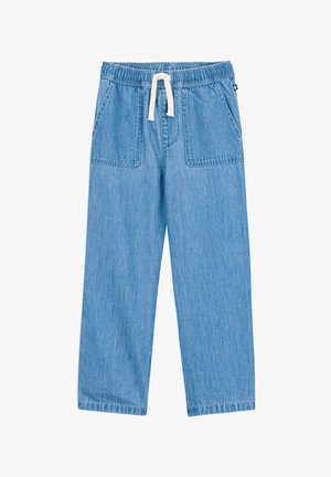 Lichtblauwe denim wijde broek met een elastische tailleband, trekkoordsluiting en twee voorzakken. Zachte textuur met een casual ontwerp.