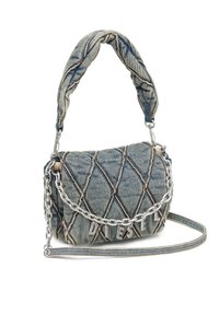 Denim handbag with quilted design, light blue color, braided handle, silver chain accent, and logo detail. Adjustable shoulder strap included.