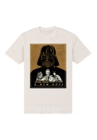 Biała bawełniana koszulka z vintage grafiką Dartha Vadera i postaciami z "Gwiezdne Wojny: Nowa Nadzieja" w czarno-złotych kolorach.