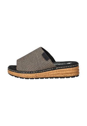 Open-toed slide sandal in woven black and beige fabric with a cork wedge sole. Features a textured surface and black inner lining.