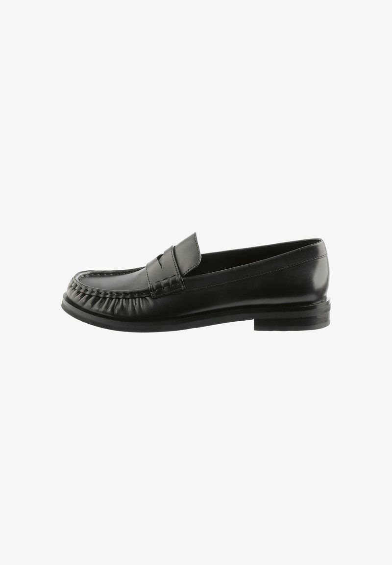 Schwarze Lederloafers mit einer abgerundeten Spitze, dekorativer Naht und einem erhöhten Band über dem Spann. Mit niedrigem, gestapeltem Absatz und glatter Oberfläche.