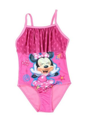 Maillot de bain rose avec des bretelles spaghetti et un corps froncé. Il présente un grand motif d'un personnage de dessin animé, avec des accents floraux et des tourbillons.