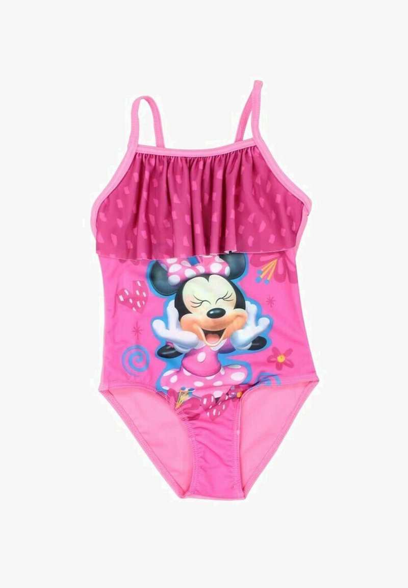Maillot de bain rose avec des bretelles spaghetti et un corps froncé. Il présente un grand motif d'un personnage de dessin animé, avec des accents floraux et des tourbillons.