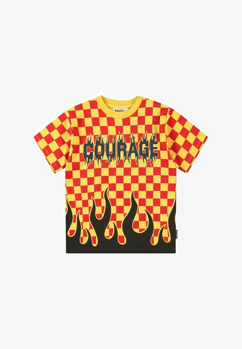T-shirt z krótkim rękawem w czerwono-żółtą kratkę, z napisem "COURAGE" na czarno i grafikiem płomienia na dole.