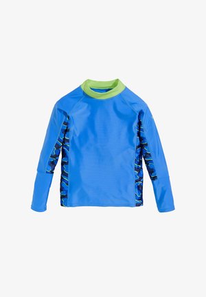 Niebieski rash guard z długim rękawem, limonkowozielonym kołnierzem i niebieskimi panelami kamuflażowymi po bokach i na rękawach.