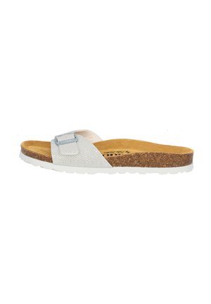 Slide sandal with a textured metallic silver strap and adjustable silver buckle, cork footbed, and white rubber sole.