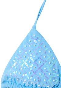 Borsa triangolare blu realizzata in tessuto texture con paillettes e dettagli in perle in un motivo a diamante. Chiusura con cordoncino nella parte superiore.