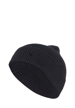 Zwarte gebreide beanie met een geribbelde textuur, een strakke pasvorm en een klein zwart logo aan de zijkant.