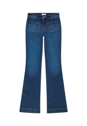 Σκούρο μπλε τζιν με φαρδιές παντελόνες, μπροστινές τσέπες με ραφές, θηλιές για ζώνη και κούμπωμα με κουμπί, με ετικέτα Wrangler στη μέση.