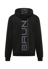 Zwarte hoodie met een grote grijze verticale "BRUN"-logo en de tekst "NOT FOR EVERYBODY" op de achterkant. Voorzien van een capuchon met trekkoord en geribbelde manchetten.