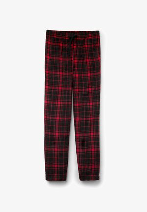 Kostkované pyžamové kalhoty v černé, červené a tmavě šedé barvě. Mají elastický pas se stahovací šňůrkou a měkkou strukturovanou tkaninu.