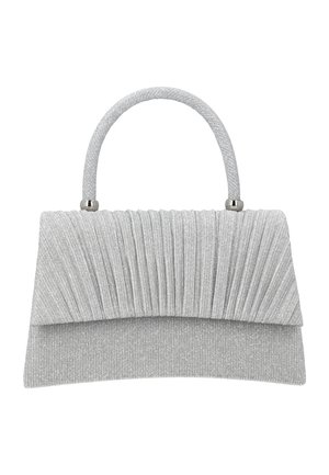 Srebrna plisowana wieczorowa kopertówka z zakrzywionym górnym uchwytem i subtelną błyszczącą fakturą.