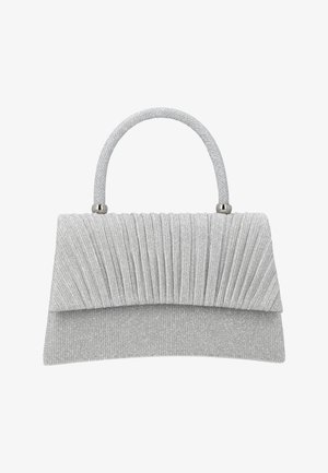 Pochette de soirée plissée argentée avec une poignée supérieure incurvée et une texture subtilement scintillante.