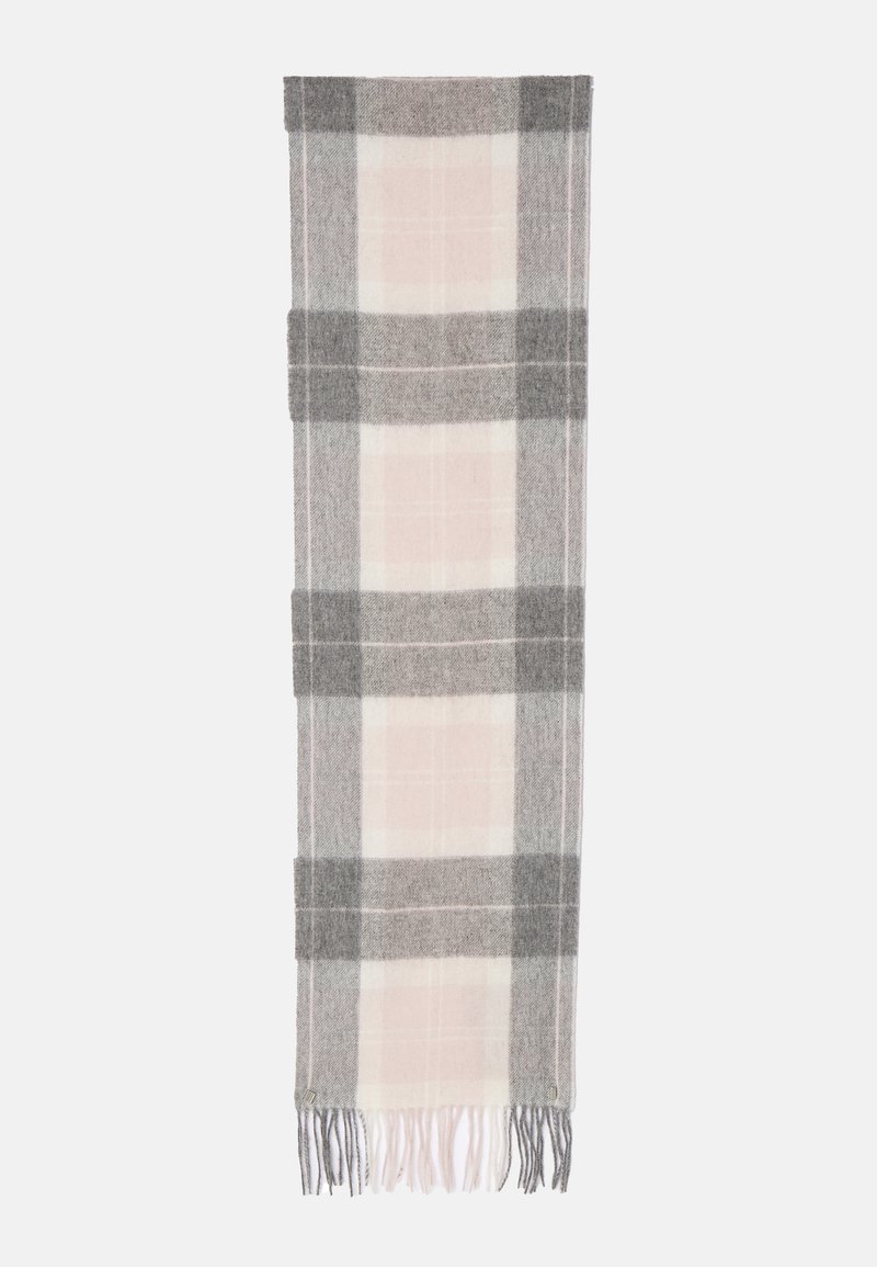 Fular din lână cu un model de carouri în nuanțe de roz deschis și gri, cu margini franjurate. Textură moale, formă dreptunghiulară alungită.