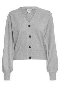 Grå cardigan med V-hals, puffärmar och en kort design. Den har sex bruna knappar fram och ribbade manschetter och nederkant.