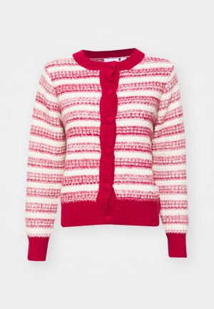 Red and white striped cardigan with a round neck, textured knit, and button closures. Features long sleeves and ribbed cuffs and hem.