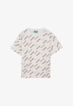 T-shirt blanc à manches courtes avec un imprimé en diagonale du logo "KENZO" dans différentes nuances de marron.