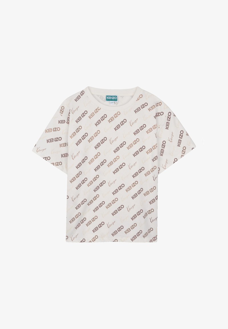 T-shirt blanc à manches courtes avec un imprimé en diagonale du logo "KENZO" dans différentes nuances de marron.