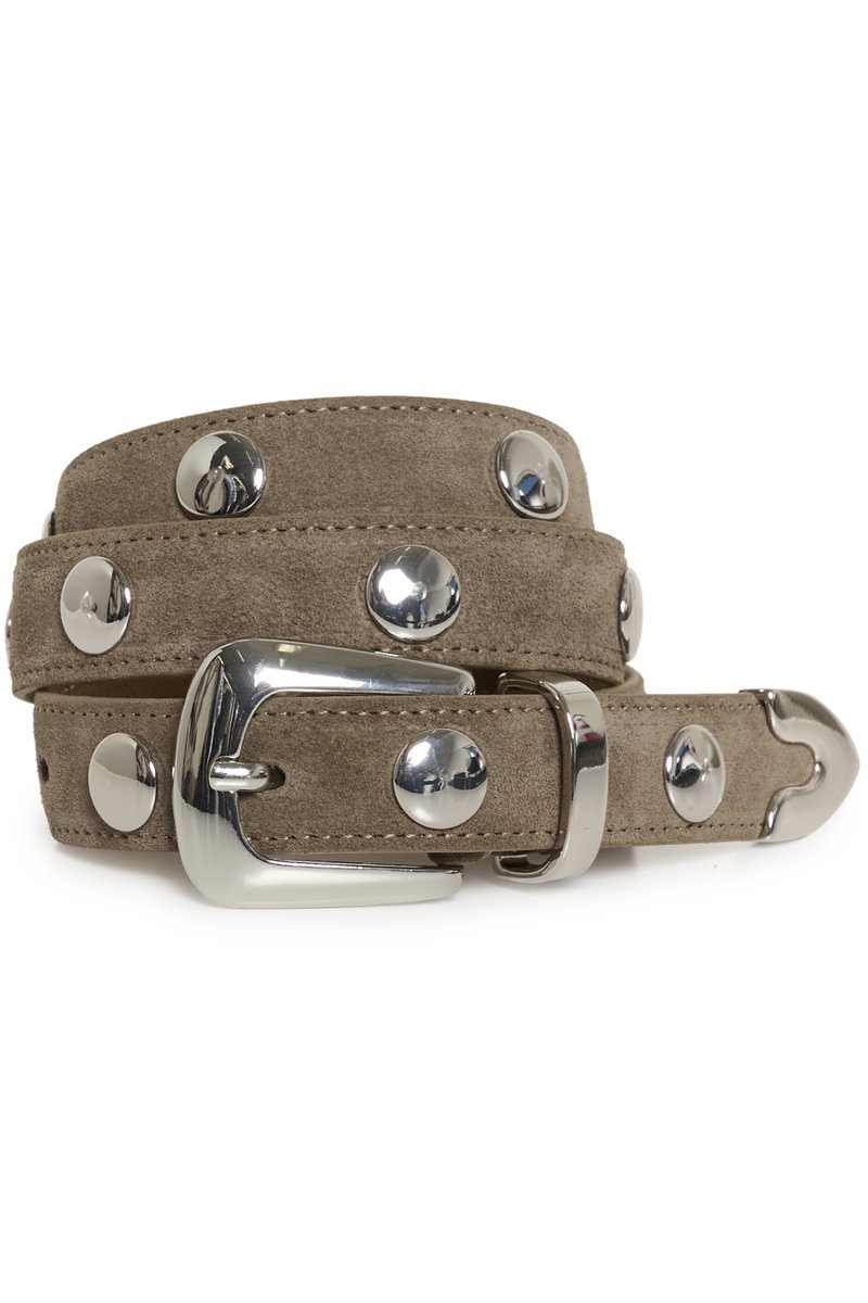 Gray suede belt with silver metal studs and a shiny silver buckle. Features a smooth texture and rounded tip for a finished look.