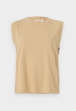Débardeur beige sans manches en tissu doux, avec un col rond et une coupe décontractée, présentant des détails de couture minimalistes.