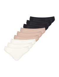 Pakke med otte par sømløst undertøj i sort, nude og hvid. Fremstillet af blødt stof med en glat tekstur og et enkelt design.