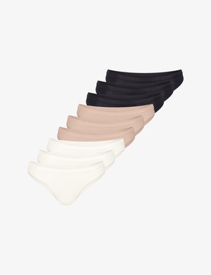 Packung mit acht nahtlosen Slips in Schwarz, Nude und Weiß. Hergestellt aus weichem Stoff mit glatter Textur und einfachem Design.