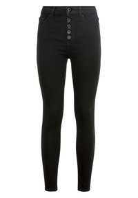 Pantalones vaqueros skinny negros de alta cintura con cierre frontal de cinco botones y estilo clásico de cinco bolsillos.