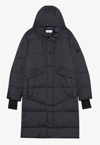 Manteau matelassé gris foncé avec capuche, dotée d'une fermeture éclair à l'avant, de grandes poches et de poignets côtelés noirs. Tissu texturé avec un design matelassé.