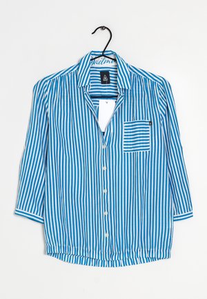 Blue and white striped button-up shirt. Features a chest pocket, short sleeves, collar, and a loose fit with a gathered hem design.