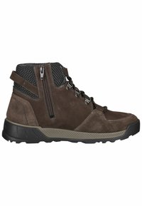 Botas de ante marrón con una parte superior texturizada y tejida, cierre lateral con cremallera y cordones redondos. Presentan una suela de goma resistente para mayor tracción.