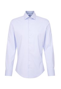 Lichtblauw overhemd met lange mouwen, gemaakt van katoen, met een button-down kraag en een gestreepte binnenkant, met een gebogen zoom en een reguliere pasvorm.