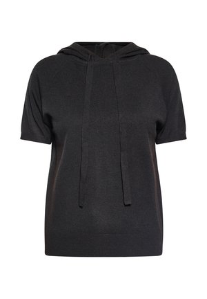 Schwarze Kurzarm-Hoodie aus weichem Stoff; verfügt über eine Kapuze mit Kordelzug und einen gerippten Saum. Einfaches Design ohne sichtbare Muster oder Akzente.