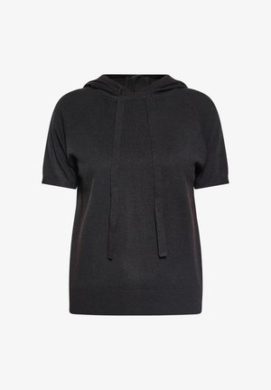 Schwarze Kurzarm-Hoodie aus weichem Stoff; verfügt über eine Kapuze mit Kordelzug und einen gerippten Saum. Einfaches Design ohne sichtbare Muster oder Akzente.