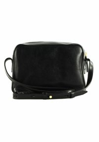 Černá kožená crossbody taška s hladkým povrchem, obdélníkovým tvarem, nastavitelným popruhem a zlatým zipem. Zadní pohled.