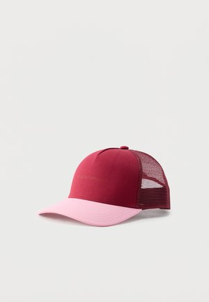 Maroon and pink trucker cap with mesh back and subtle text on front panel, set against a plain light background.