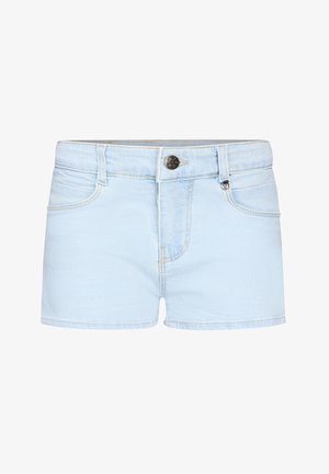 Jasnoniebieskie szorty jeansowe z przodu z guzikiem, zamkiem błyskawicznym, szlufkami na pasek oraz przednimi kieszeniami, pokazane na białym tle.