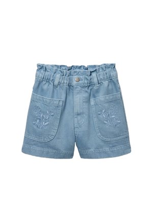 Short en denim bleu clair pour tout-petits avec ceinture élastique, fermeture par bouton, deux poches avant ornées de motifs floraux cousus.