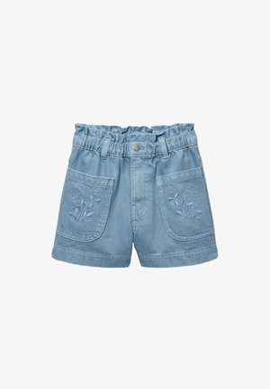 Short en denim bleu clair pour tout-petits avec ceinture élastique, fermeture par bouton, deux poches avant ornées de motifs floraux cousus.