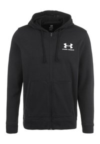 Sudadera con cremallera negra hecha de una suave mezcla de algodón. Presenta una capucha con cordones, bolsillos frontales y un logo blanco de Under Armour en el pecho.