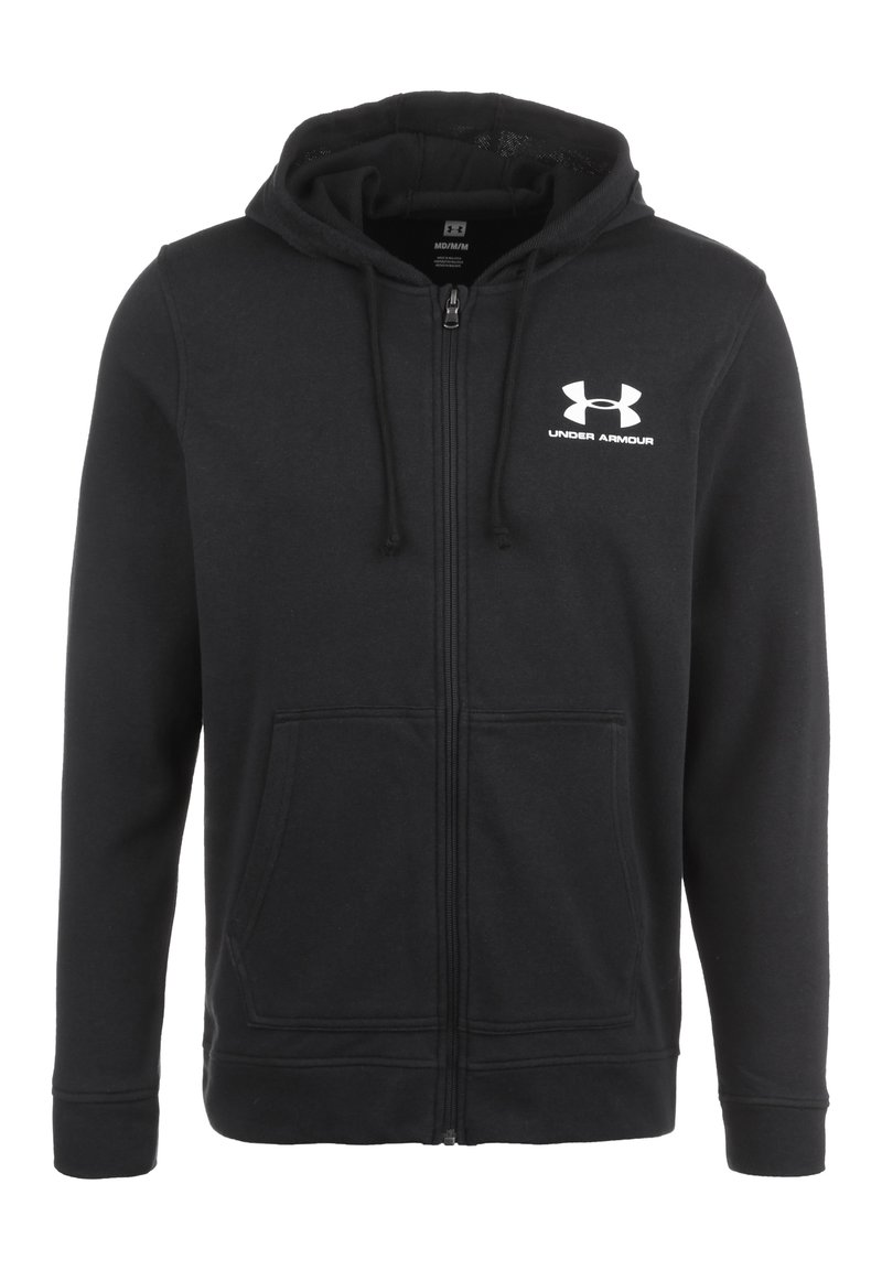 Sudadera con cremallera negra hecha de una suave mezcla de algodón. Presenta una capucha con cordones, bolsillos frontales y un logo blanco de Under Armour en el pecho.