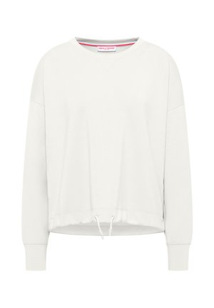 Biała bluza z długim rękawem, okrągłym dekoltem, ściągaczem ze sznurkiem u dołu oraz prążkowanymi mankietami, z subtelnym napisem marki na kołnierzu.