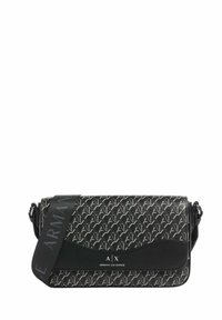 Borsa a tracolla nera Armani Exchange con motivo a ripetizione del logo A|X, tracolla regolabile con marchio, e pattina frontale con testo del logo.