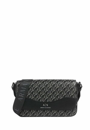 Borsa a tracolla nera Armani Exchange con motivo a ripetizione del logo A|X, tracolla regolabile con marchio, e pattina frontale con testo del logo.