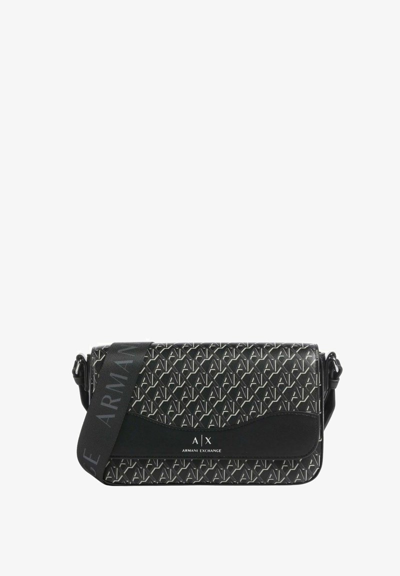 Borsa a tracolla nera Armani Exchange con motivo a ripetizione del logo A|X, tracolla regolabile con marchio, e pattina frontale con testo del logo.